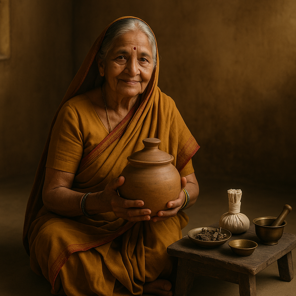 Ayurvedic new mom care by Elderly Indian woman called Dai in mustard sari holding a clay pot beside Ayurvedic herbal tools in natural light
