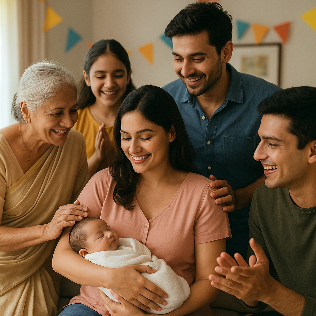 Postpartum celebration traditions in India - A modern Indian family in a sunlit living room celebrates a new mother holding her baby. Surrounded by joyful elders and younger relatives clapping and smiling, the image reflects contemporary expressions of traditional postpartum celebration practices in India.
