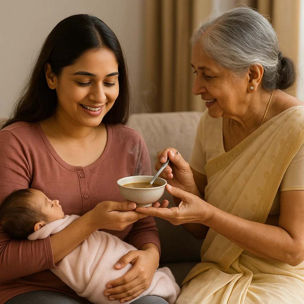 Ayurvedic postpartum care shown by an elderly woman to a new momwoman