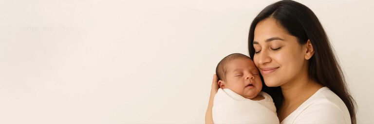 Ayurvedic postpartum care visual showing a tired Indian new mother gently holding her newborn, highlighting the emotional and physical need for structured Ayurvedic recovery rituals after childbirth.