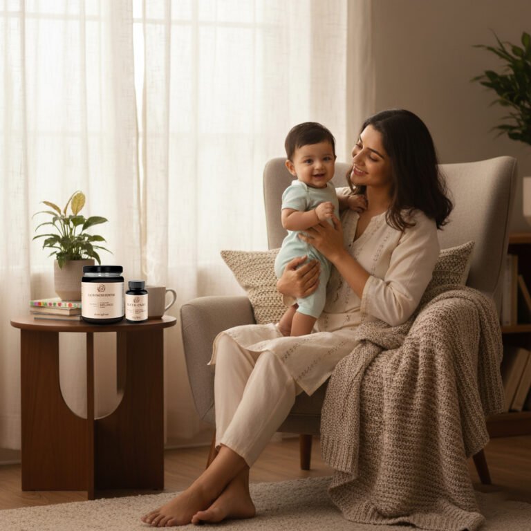 Ayurvedic postpartum nourishment - A new mother holding her baby while Ayurvedic postpartum nourishment products — Saubhagyasunthi Pak and Matr-care Capsules — sit on a side table, symbolizing warmth, Vata balance, and recovery.